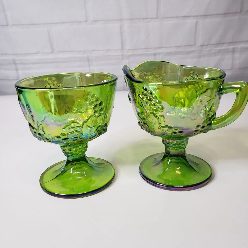 Vintage Indiana Glass Harvest Grape Lime Green Carnival Creamer & Sugar Set